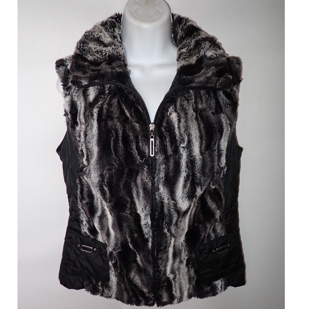 Barbara Lebek Women's Faux Fur Quilted Vest Black Gray Zip Up Size 36 fits US 14